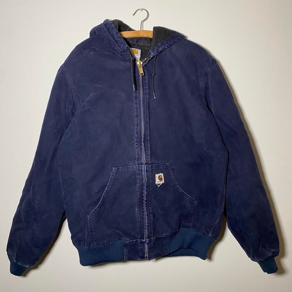 Vintage 2004 Carhartt Navy Workwear Canvas Zip Up Hooded Jacket Size Medium Tall